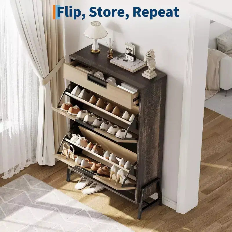 Shoe Storage Organizer with 2 Flip Drawers and 1 Drawer, Shoe Cabinet with 3-Tier Adjustable Shelves