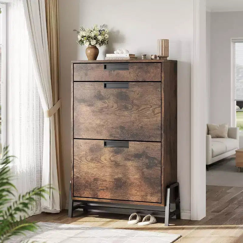 Shoe Storage Organizer with 2 Flip Drawers and 1 Drawer, Shoe Cabinet with 3-Tier Adjustable Shelves