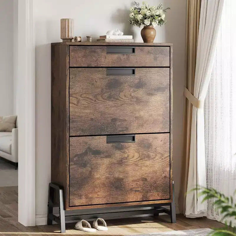 Shoe Storage Organizer with 2 Flip Drawers and 1 Drawer, Shoe Cabinet with 3-Tier Adjustable Shelves