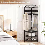 Corner Hall Tree with Shoe Rack Entryway Coat Rack with 6 Metal Movable Hooks Floor Standing Clothes Racks Shoes Shelf Organizer for Bedroom Entryway