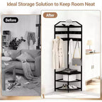 Corner Hall Tree with Shoe Rack Entryway Coat Rack with 6 Metal Movable Hooks Floor Standing Clothes Racks Shoes Shelf Organizer for Bedroom Entryway