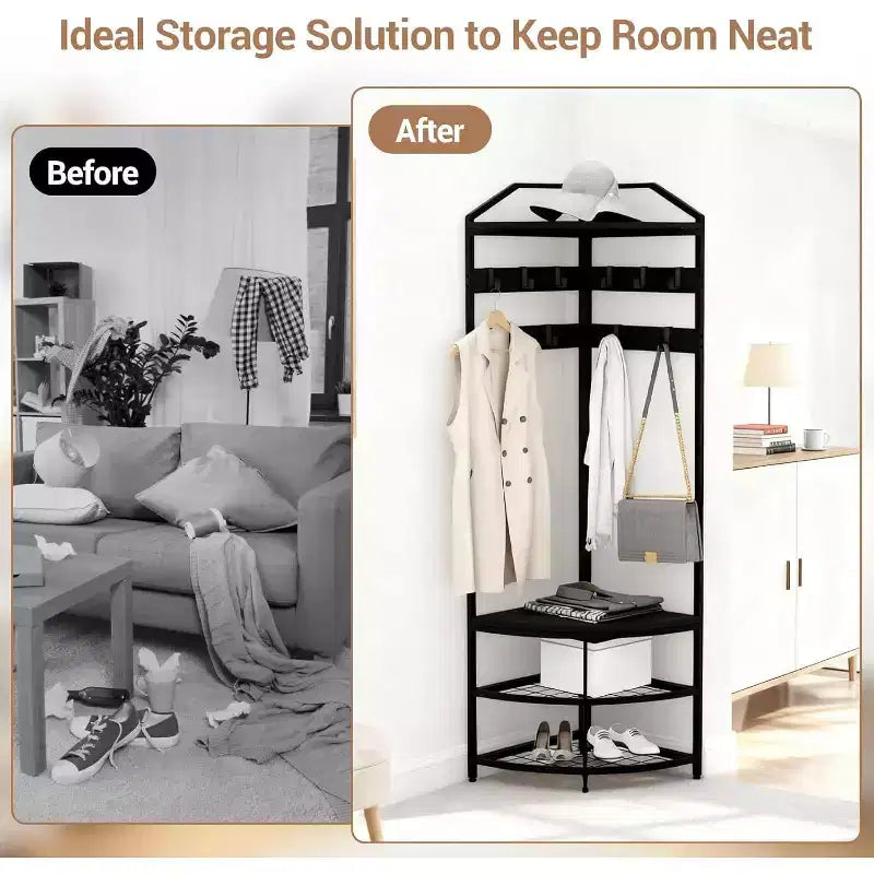 Corner Hall Tree with Shoe Rack Entryway Coat Rack with 6 Metal Movable Hooks Floor Standing Clothes Racks Shoes Shelf Organizer for Bedroom Entryway