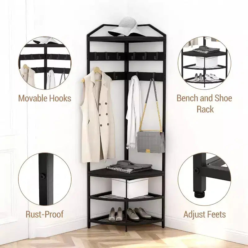 Corner Hall Tree with Shoe Rack Entryway Coat Rack with 6 Metal Movable Hooks Floor Standing Clothes Racks Shoes Shelf Organizer for Bedroom Entryway