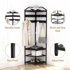 Corner Hall Tree with Shoe Rack Entryway Coat Rack with 6 Metal Movable Hooks Floor Standing Clothes Racks Shoes Shelf Organizer for Bedroom Entryway