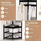 Corner Hall Tree with Shoe Rack Entryway Coat Rack with 6 Metal Movable Hooks Floor Standing Clothes Racks Shoes Shelf Organizer for Bedroom Entryway