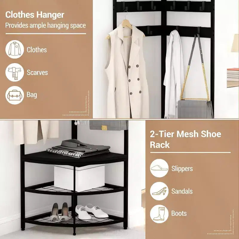 Corner Hall Tree with Shoe Rack Entryway Coat Rack with 6 Metal Movable Hooks Floor Standing Clothes Racks Shoes Shelf Organizer for Bedroom Entryway