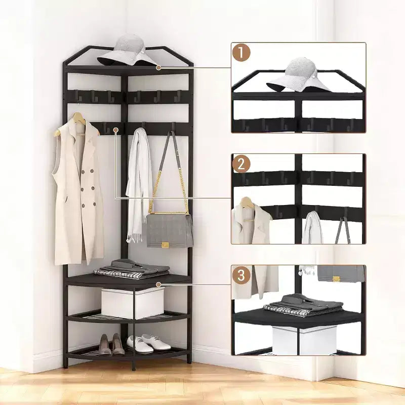 Corner Hall Tree with Shoe Rack Entryway Coat Rack with 6 Metal Movable Hooks Floor Standing Clothes Racks Shoes Shelf Organizer for Bedroom Entryway
