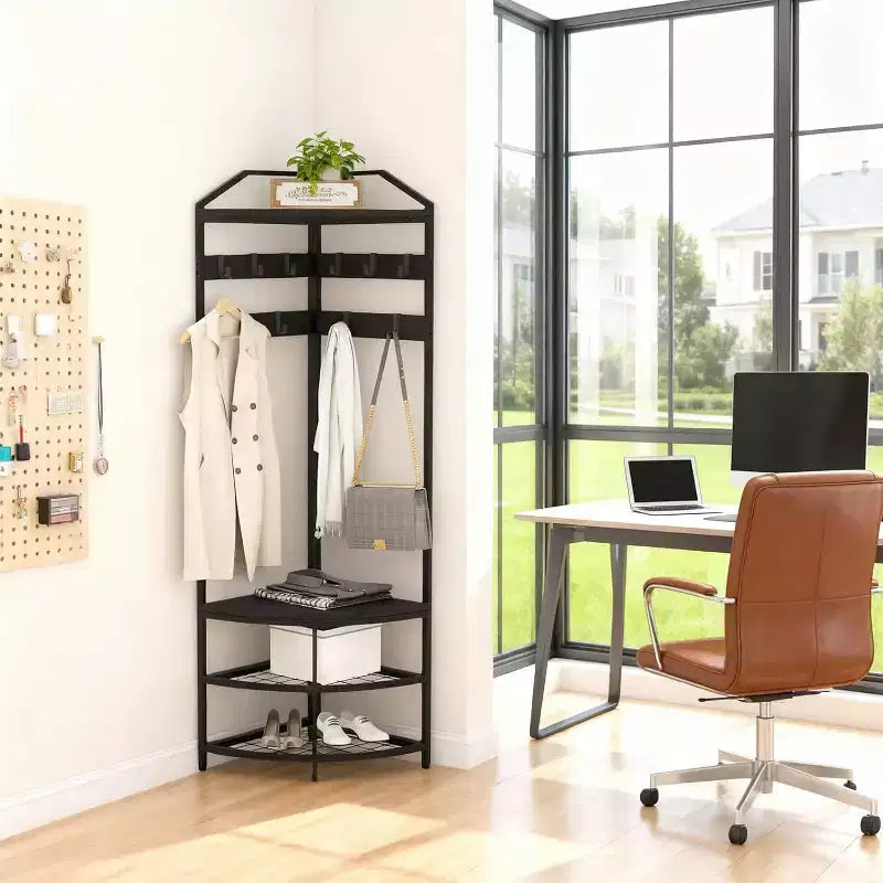 Corner Hall Tree with Shoe Rack Entryway Coat Rack with 6 Metal Movable Hooks Floor Standing Clothes Racks Shoes Shelf Organizer for Bedroom Entryway