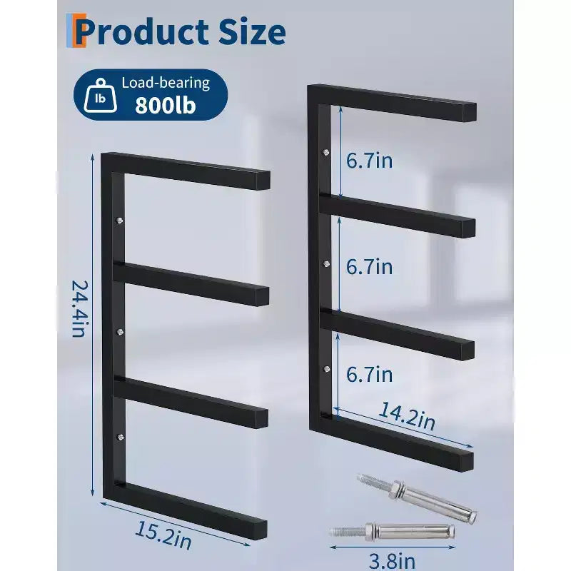 Lumber Storage Rack, Set of 2, Wall Mount, Heavy Duty Steel 4-Tier Wood Organizer Storage Shelves, 800LBS Capacity, for Shed, Workshop, Garage