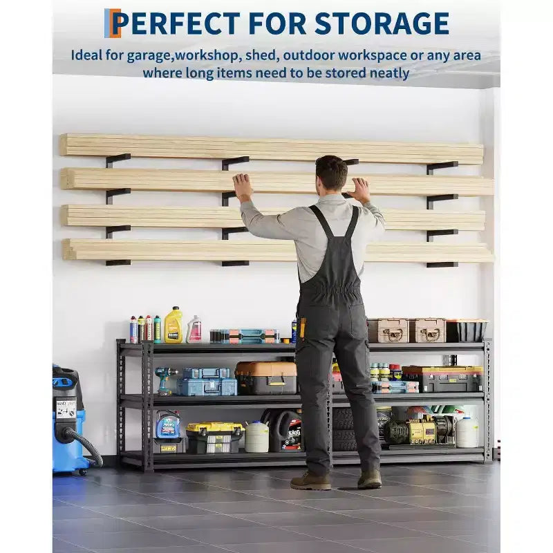 Lumber Storage Rack, Set of 2, Wall Mount, Heavy Duty Steel 4-Tier Wood Organizer Storage Shelves, 800LBS Capacity, for Shed, Workshop, Garage