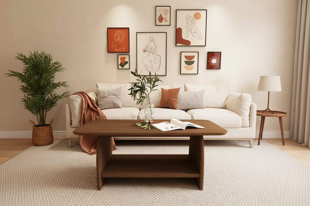 MAYEERTY 47 inch Modern Living Room Coffee Table, Double Layer Rectanglar Coffee Table with Storage Function Rounded Corner Brown