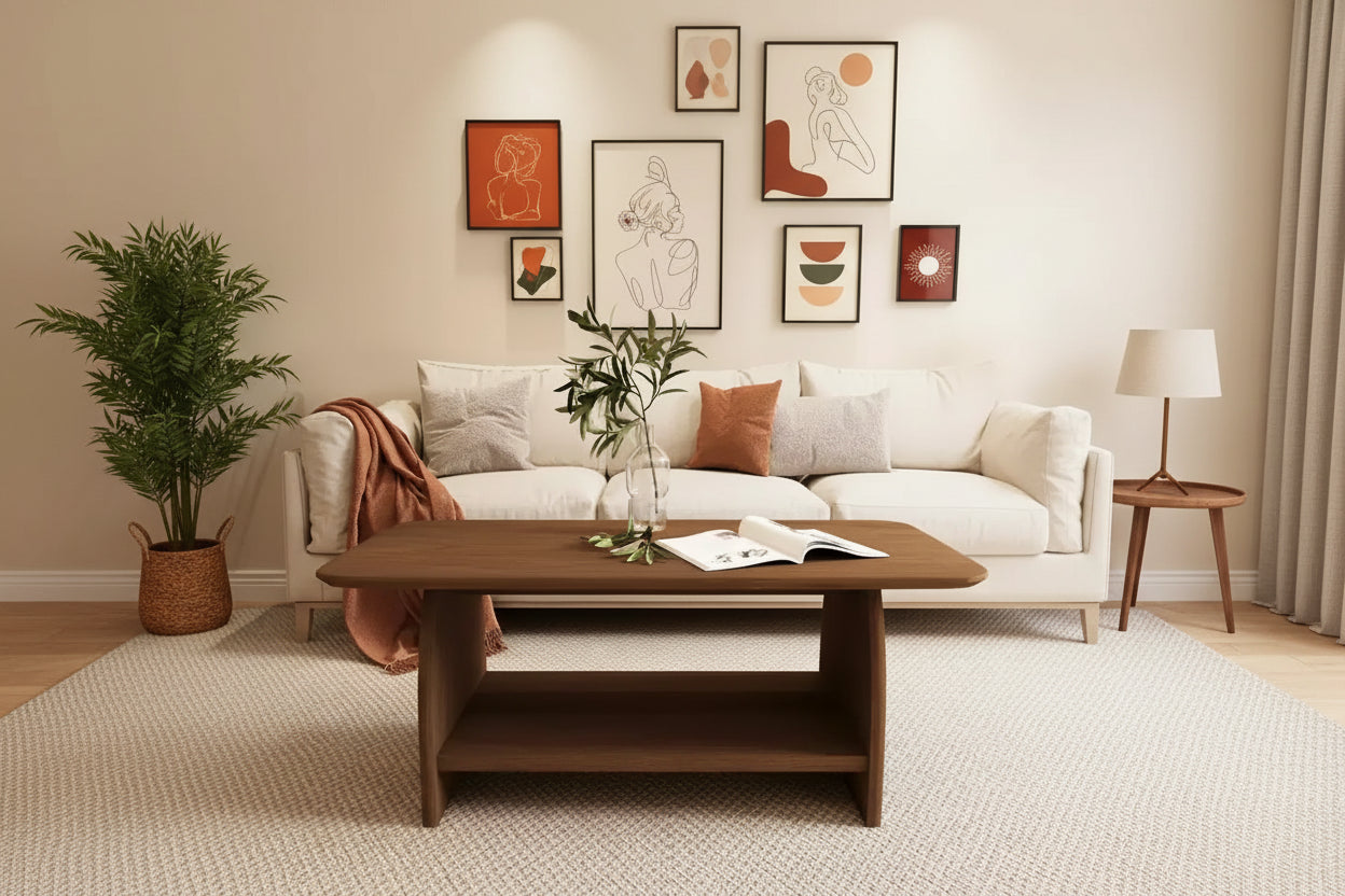 MAYEERTY 47 inch Modern Living Room Coffee Table, Double Layer Rectanglar Coffee Table with Storage Function Rounded Corner Brown