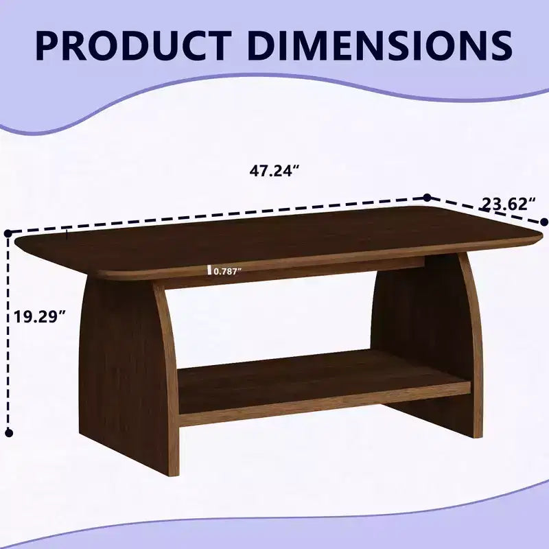 47" Modern Double Layer Rectangular Coffee Table with Storage, Rounded Corners, Brown