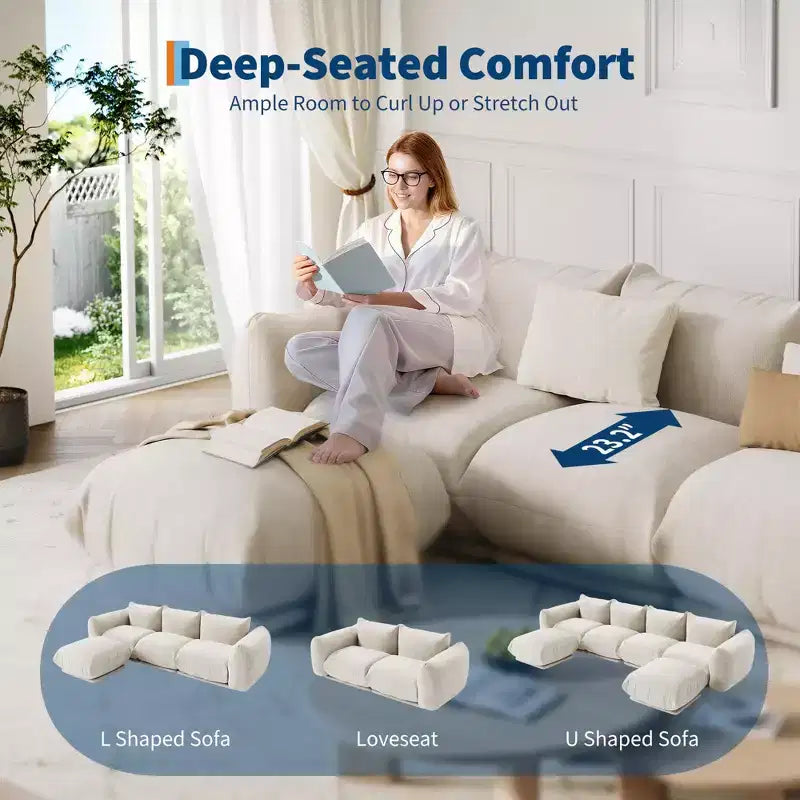 Sofa, 126 U-Shape Modular Sectional  Chenille Cloud Couch Deep Seat Boneless Sofa for Large Living Room/Family Space Beige