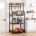 Industrial 4-Tier Kitchen Bakers Rack with Large Wire Basket & 8 Hooks - Microwave Stand & Coffee Bar Station for Pots, Spice Organization,Brown