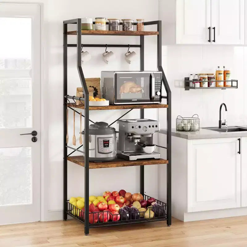 Industrial 4-Tier Kitchen Bakers Rack with Large Wire Basket & 8 Hooks - Microwave Stand & Coffee Bar Station for Pots, Spice Organization,Brown