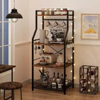 Industrial 4-Tier Kitchen Bakers Rack with Large Wire Basket & 8 Hooks - Microwave Stand & Coffee Bar Station for Pots, Spice Organization,Brown
