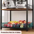 Industrial 4-Tier Kitchen Bakers Rack with Large Wire Basket & 8 Hooks - Microwave Stand & Coffee Bar Station for Pots, Spice Organization,Brown