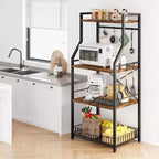 Industrial 4-Tier Kitchen Bakers Rack with Large Wire Basket & 8 Hooks - Microwave Stand & Coffee Bar Station for Pots, Spice Organization,Brown