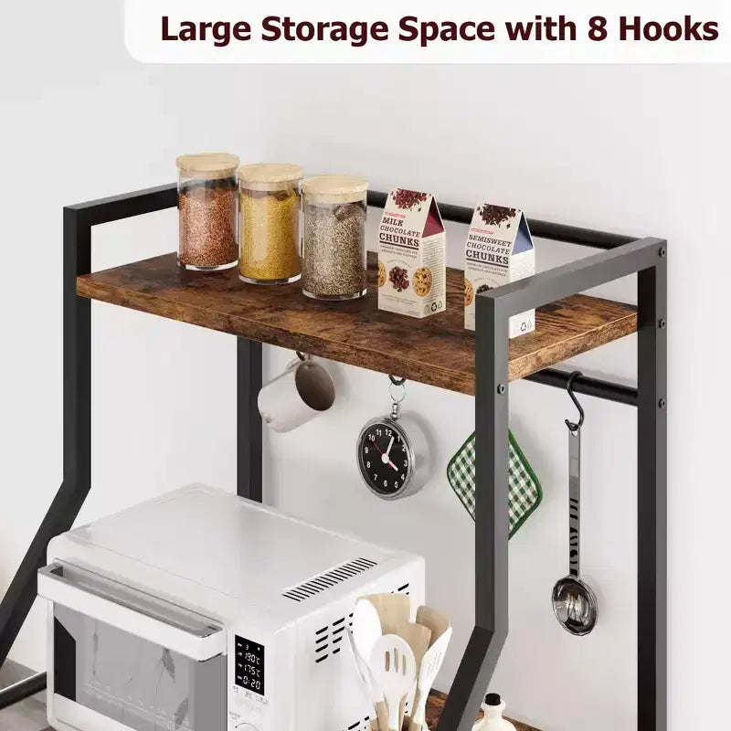 Industrial 4-Tier Kitchen Bakers Rack with Large Wire Basket & 8 Hooks - Microwave Stand & Coffee Bar Station for Pots, Spice Organization,Brown