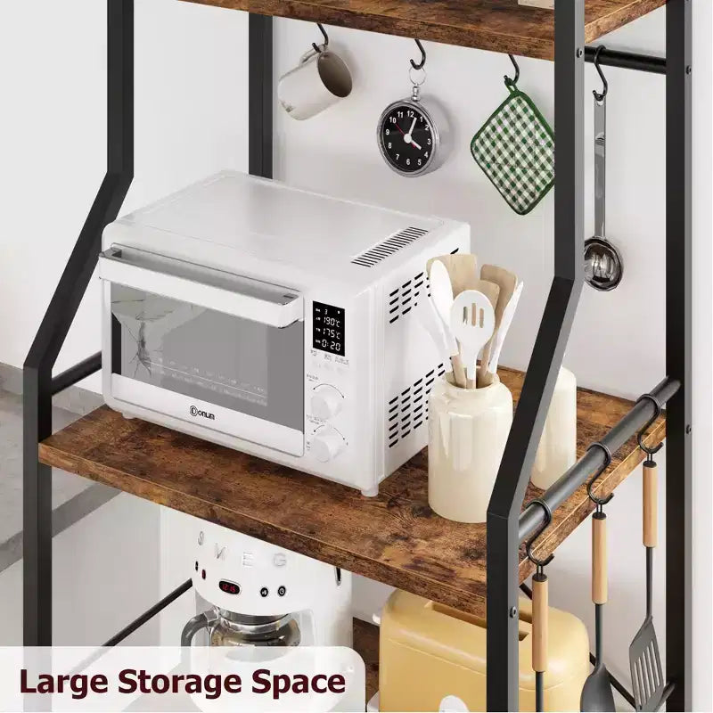 Industrial 4-Tier Kitchen Bakers Rack with Large Wire Basket & 8 Hooks - Microwave Stand & Coffee Bar Station for Pots, Spice Organization,Brown