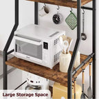 Industrial 4-Tier Kitchen Bakers Rack with Large Wire Basket & 8 Hooks - Microwave Stand & Coffee Bar Station for Pots, Spice Organization,Brown