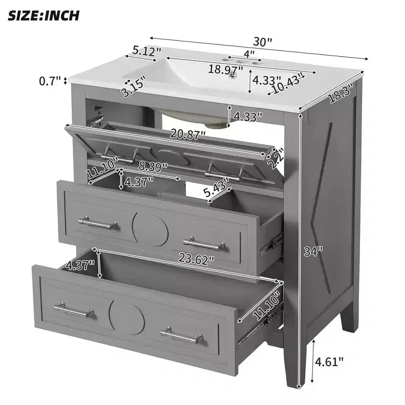 30 Single Bathroom Vanity with Sink, Bathroom Floor Cabinet with Drawers for Small Space