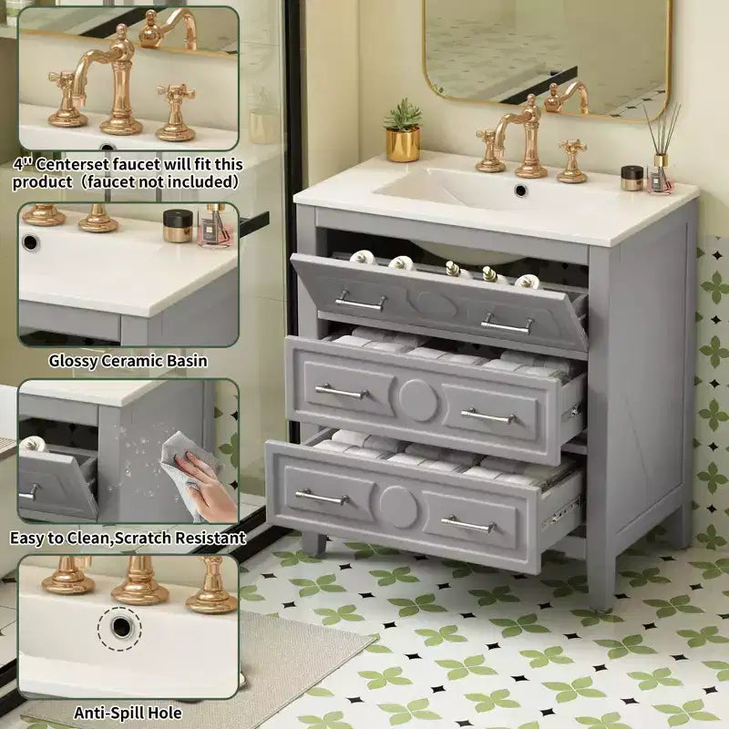 30 Single Bathroom Vanity with Sink, Bathroom Floor Cabinet with Drawers for Small Space
