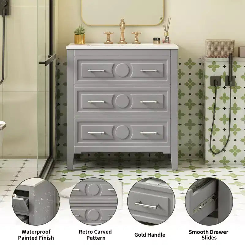 30 Single Bathroom Vanity with Sink, Bathroom Floor Cabinet with Drawers for Small Space