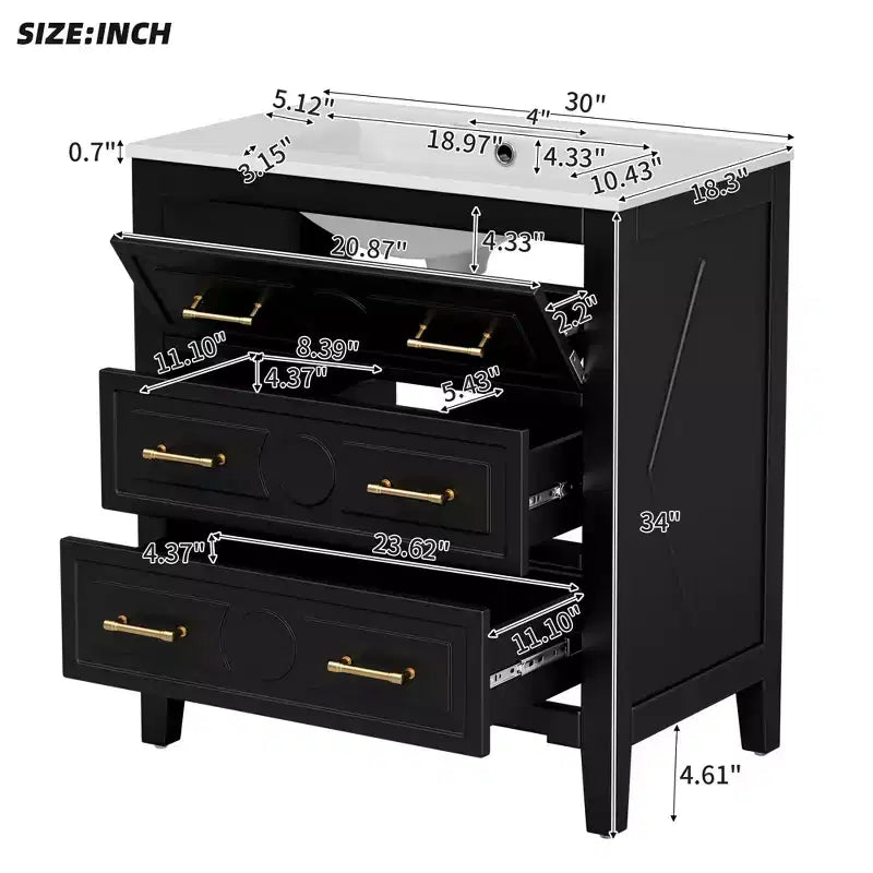 30 Single Bathroom Vanity with Sink, Bathroom Floor Cabinet with Drawers for Small Space