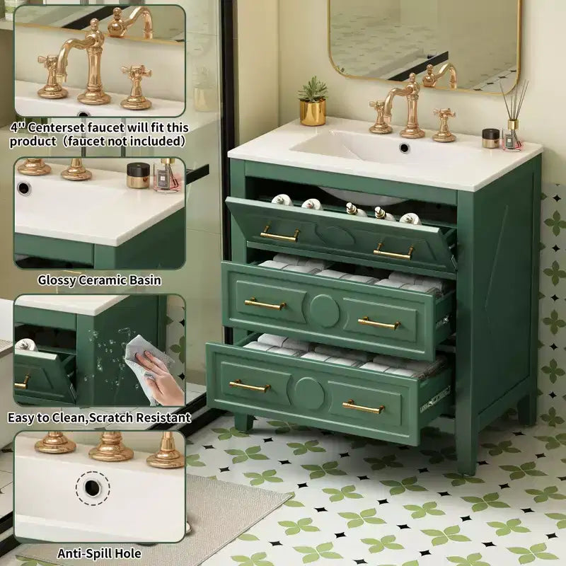 30 Single Bathroom Vanity with Sink, Bathroom Floor Cabinet with Drawers for Small Space