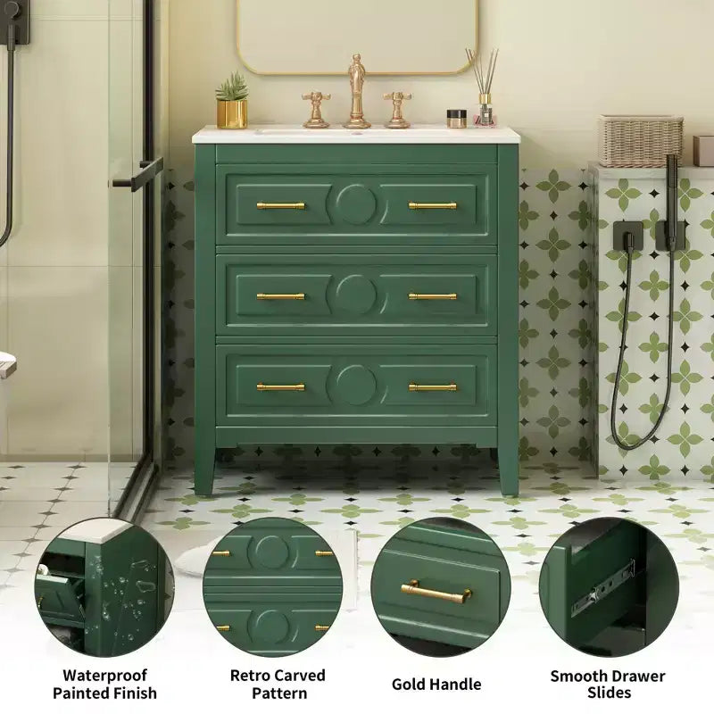 30 Single Bathroom Vanity with Sink, Bathroom Floor Cabinet with Drawers for Small Space