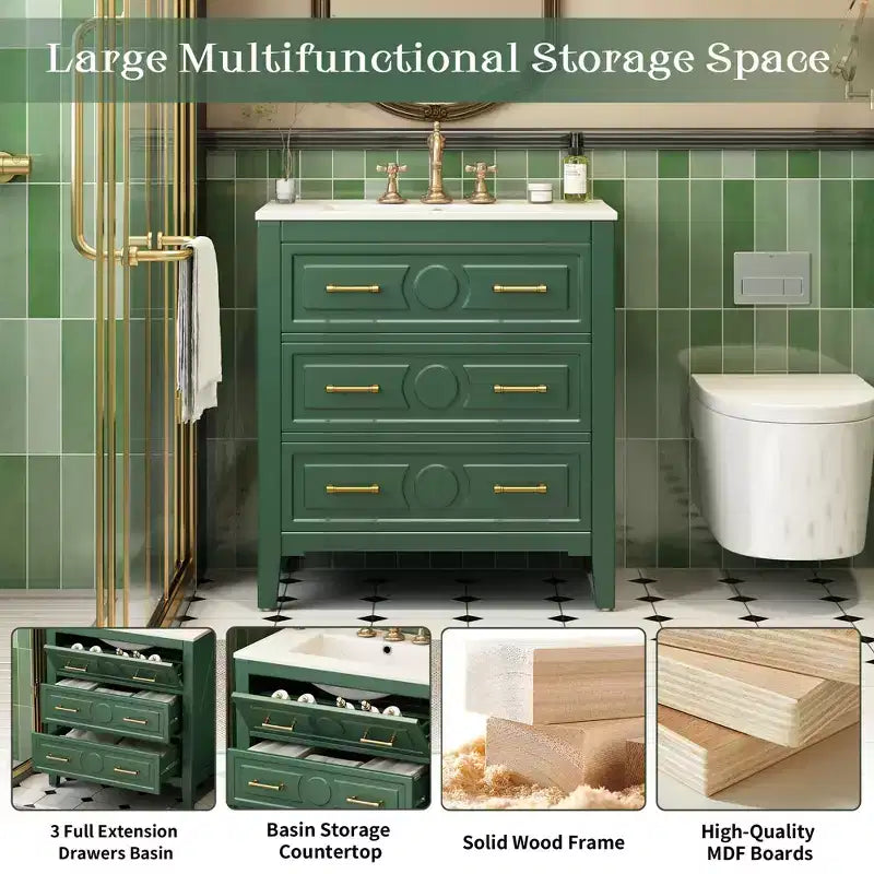 30 Single Bathroom Vanity with Sink, Bathroom Floor Cabinet with Drawers for Small Space