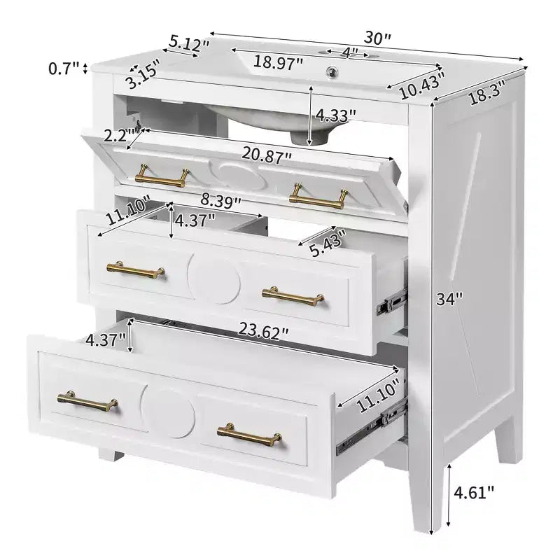 30 Single Bathroom Vanity with Sink, Bathroom Floor Cabinet with Drawers for Small Space