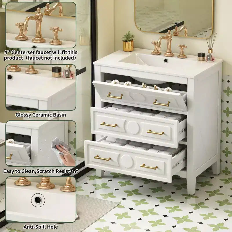 30 Single Bathroom Vanity with Sink, Bathroom Floor Cabinet with Drawers for Small Space