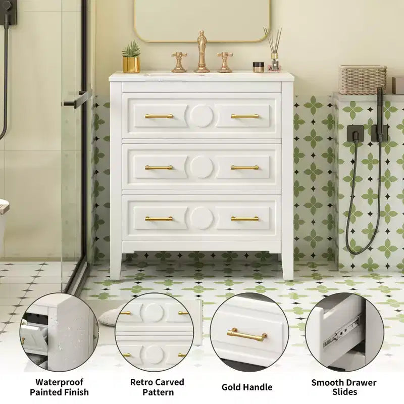 30 Single Bathroom Vanity with Sink, Bathroom Floor Cabinet with Drawers for Small Space