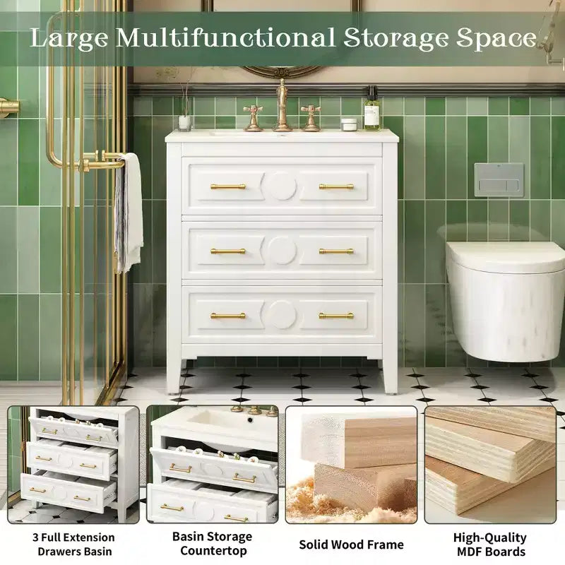 30 Single Bathroom Vanity with Sink, Bathroom Floor Cabinet with Drawers for Small Space