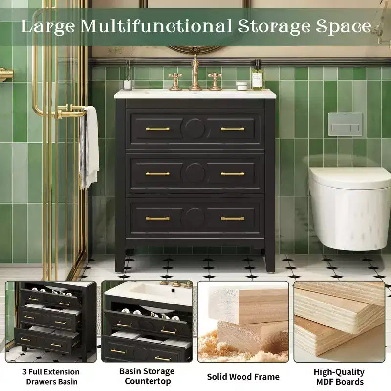 30 Single Bathroom Vanity with Sink, Bathroom Floor Cabinet with Drawers for Small Space