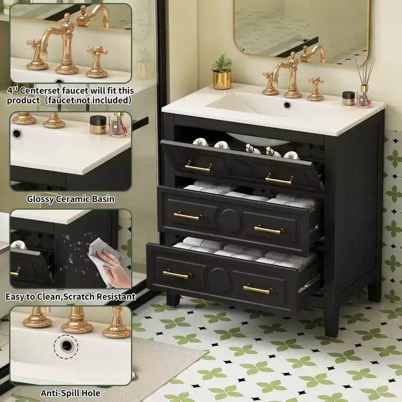 30 Single Bathroom Vanity with Sink, Bathroom Floor Cabinet with Drawers for Small Space