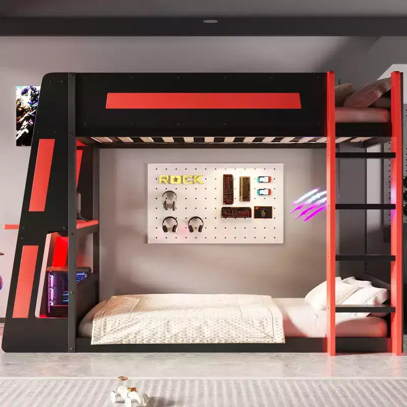 Twin/Full/Queen Gaming Bunk Bed with Built-In Desk, USB Port, LED Lights & Storage Shelves