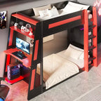 Twin/Full/Queen Gaming Bunk Bed with Built-In Desk, USB Port, LED Lights & Storage Shelves