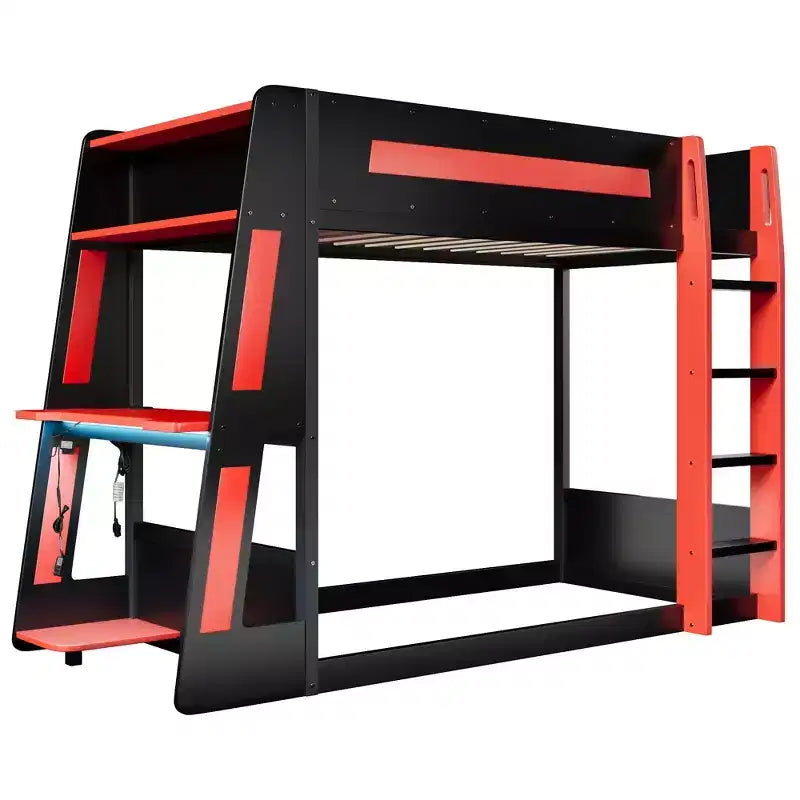 Twin/Full/Queen Gaming Bunk Bed with Built-In Desk, USB Port, LED Lights & Storage Shelves
