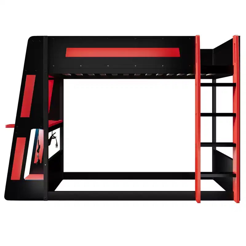 Twin/Full/Queen Gaming Bunk Bed with Built-In Desk, USB Port, LED Lights & Storage Shelves