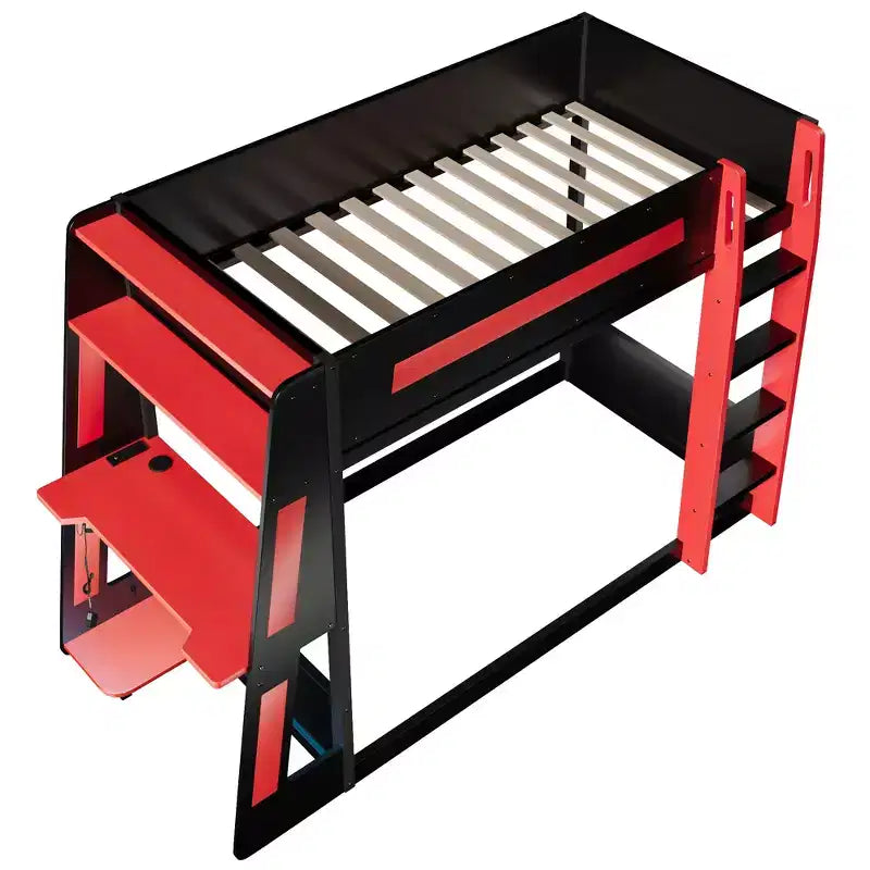 Twin/Full/Queen Gaming Bunk Bed with Built-In Desk, USB Port, LED Lights & Storage Shelves