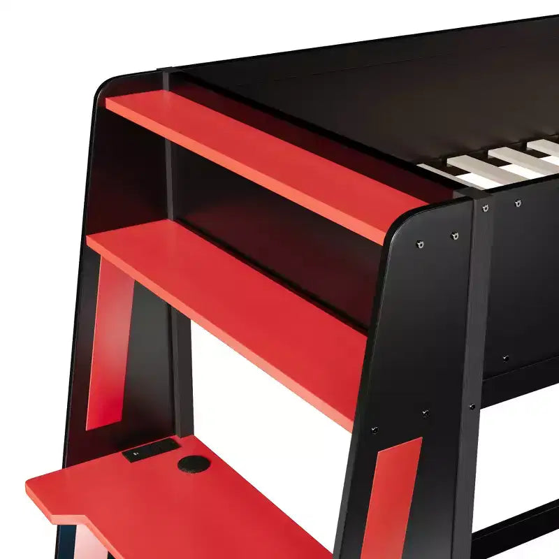 Twin/Full/Queen Gaming Bunk Bed with Built-In Desk, USB Port, LED Lights & Storage Shelves