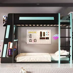 Twin/Full/Queen Gaming Bunk Bed with Built-In Desk, USB Port, LED Lights & Storage Shelves