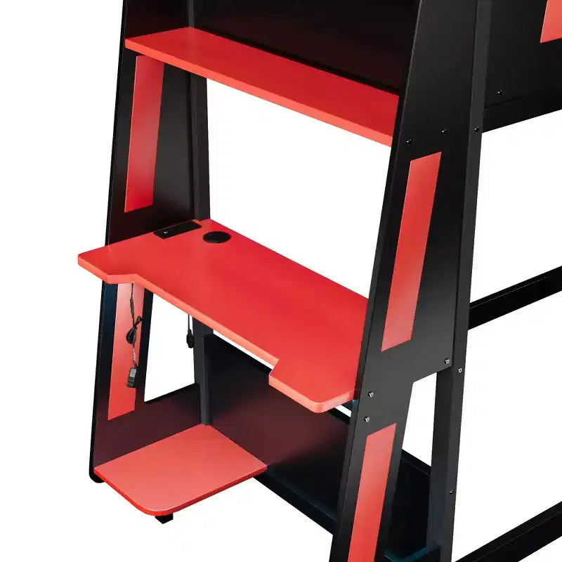 Twin/Full/Queen Gaming Bunk Bed with Built-In Desk, USB Port, LED Lights & Storage Shelves