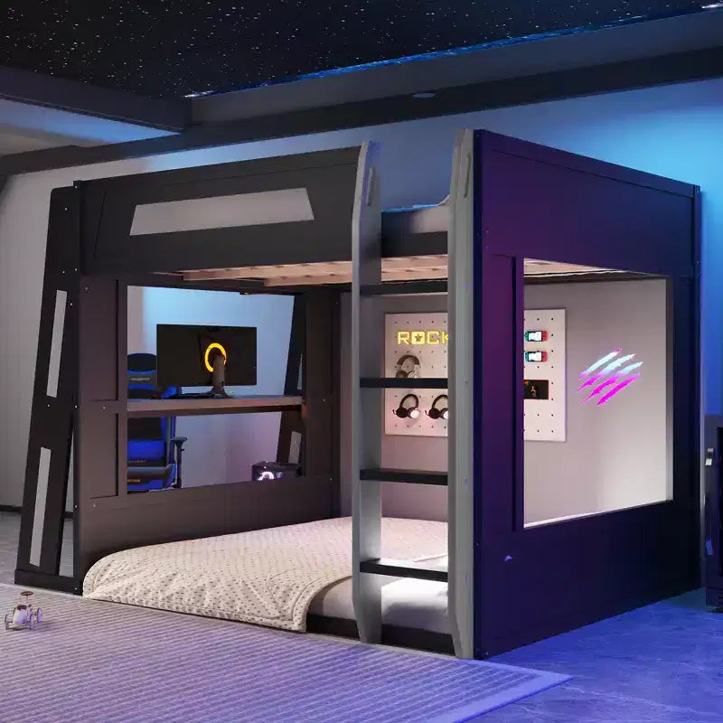 Twin/Full/Queen Gaming Bunk Bed with Built-In Desk, USB Port, LED Lights & Storage Shelves