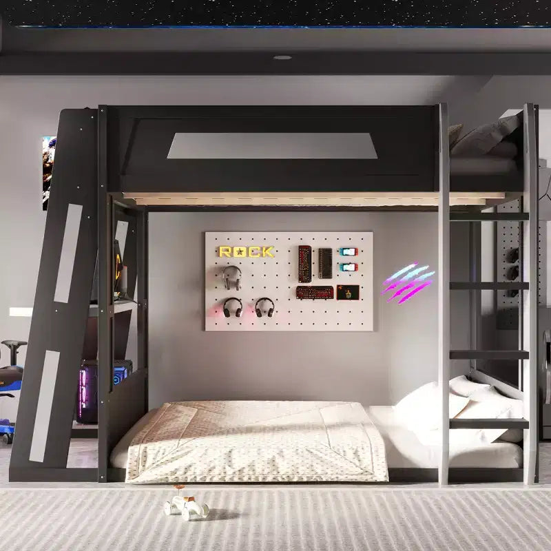 Twin/Full/Queen Gaming Bunk Bed with Built-In Desk, USB Port, LED Lights & Storage Shelves