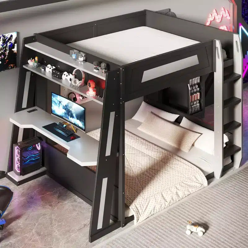 Twin/Full/Queen Gaming Bunk Bed with Built-In Desk, USB Port, LED Lights & Storage Shelves